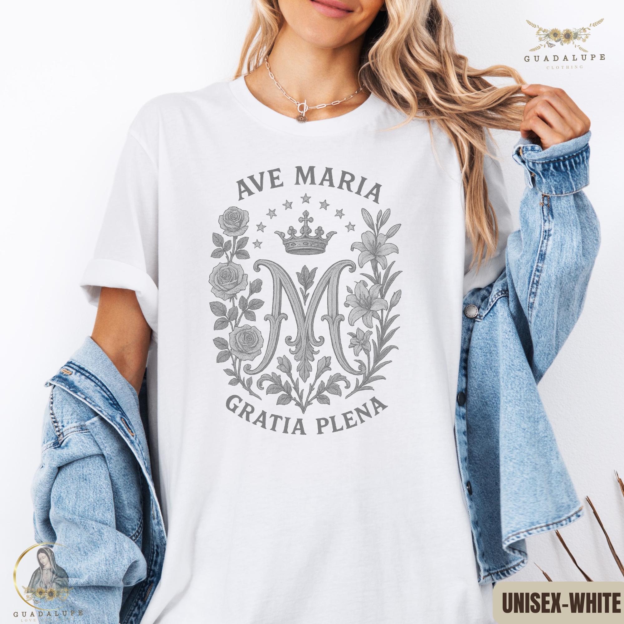 Catholic Mom Gifts, Ave Maria Gratia Plena T-shirt, Vintage Marian