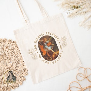 San Miguel Protogenos Cotton Canvas Tote Bag, Esthetic Shoulder Bag, Catholic&#39;s Unique Gifts Clip-Art, X-mas Trendy Gifts