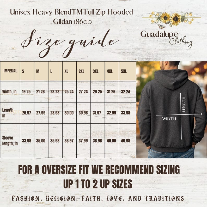May include: A size guide for a Unisex Heavy Blend Full Zip Hooded sweatshirt. The guide includes measurements for width, length, and sleeve length in inches, ranging from size S to 5XL. The text "Guadalupe Clothing" is also visible.