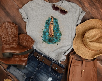 Western Country Guadalupe Tshirt, Virgen Maria Shirt, La Morenita Tee, Bohemian Clothing, Catholic Clip Art Gift, Religious Gift