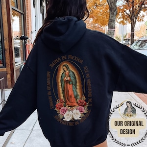 Sudadera con capucha para mujer de Nuestra Señora de Guadalupe, oración floral de la Virgen María desde atrás, sudadera de fiesta, regalo católico, ropa religiosa