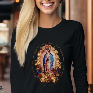 Vintage Boho Nuestra Señora de Guadalupe Unisex Camiseta Clásica de Manga Larga, Camiseta Virgen María, Regalos Sentimentales, Regalos de Mujeres Católicas