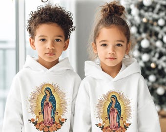 Virgencita Kids Hoodie, Our Lady of Guadalupe Tröja för småbarn, Katolsk babygåva, Dopgåva, Katolsk Hoodie för barnbarn