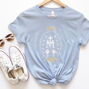 Miraculous Medal T-shirt,  Virgin Mary T shirt, Catholic gifts for women, Catholic T-shirt, Marian Cross Shirt, Holiday Gifts Idea