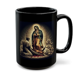 Onder haar mantel Maagd Maria feest zwarte mok (15oz), Juan Diego en Virgen Guadalupe cadeau, katholieke geschenken, toegewijde vrouwen unieke geschenken