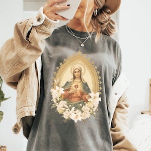 Presentes sentimentais, boho angústia sagrado coração de maria camiseta abençoada virgem maria, camisas católicas vintage da moda, camiseta baseada na fé