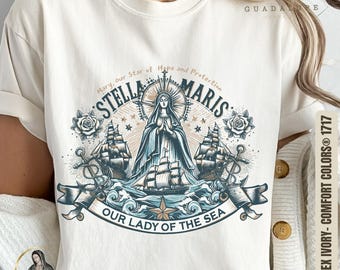 Camiseta católica Stella Maris, estilo boho vintage, Nuestra Señora Estrella del Mar, Colores cómodos