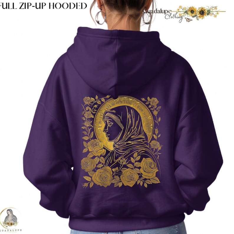 May include: A purple full zip-up hooded sweatshirt. The back features a gold illustration of a religious figure surrounded by roses. The text "FULL ZIP-UP HOODED" is at the top. The brand name "Guadalupe Clothing" is also visible.