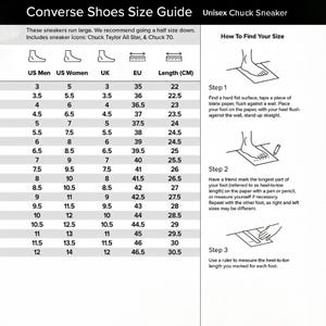 May include: Converse shoe size guide for unisex Chuck sneakers. Includes US Men, US Women, UK, and EU sizes with corresponding lengths in centimeters. Instructions on how to find your shoe size are also included.