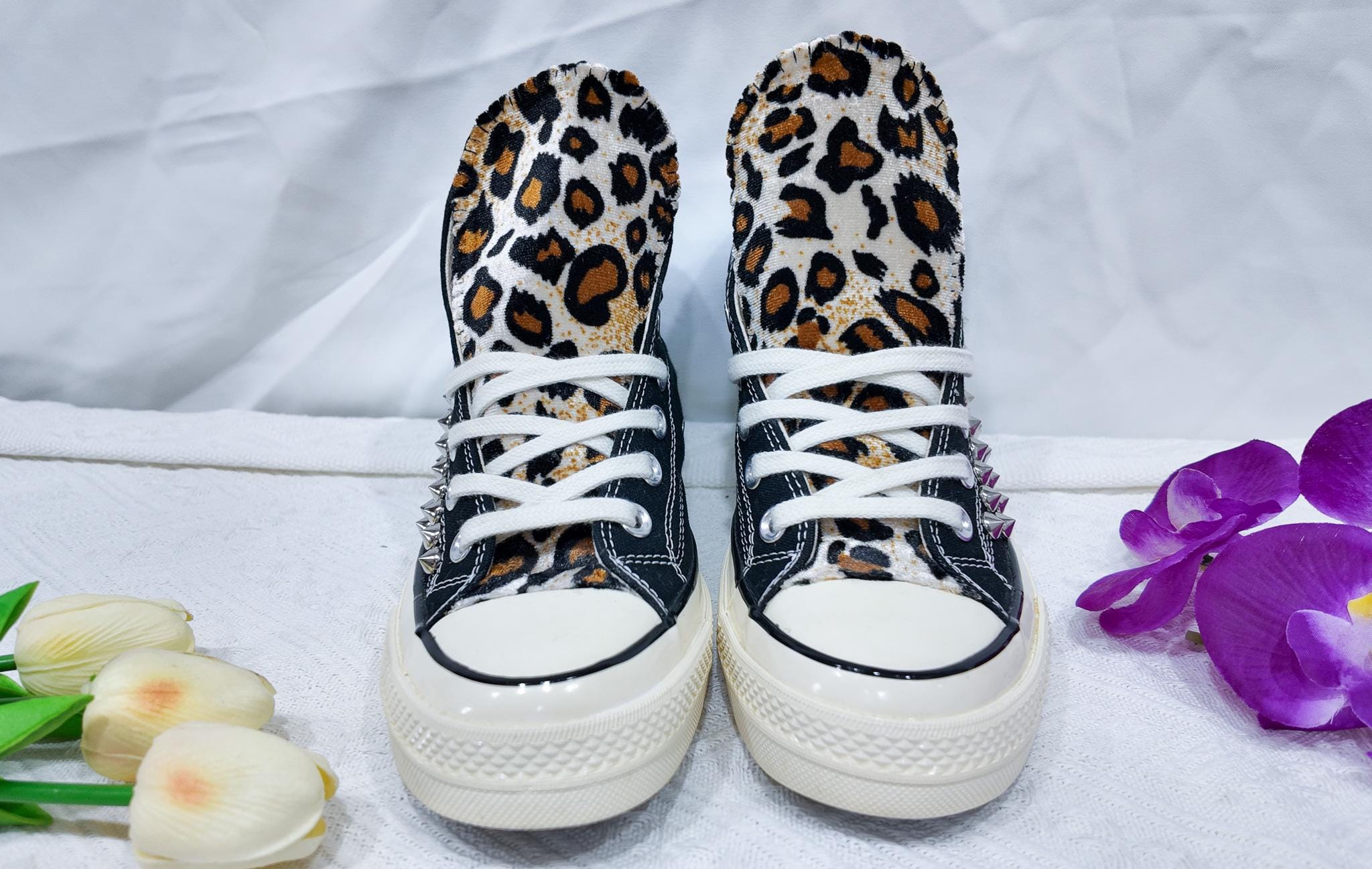 Leopard Print Studded Converse Chuck Taylor High Tops: Punk Rock