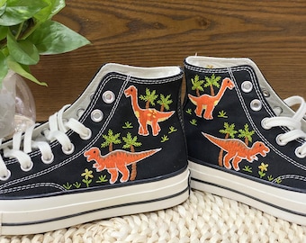 Hand Embroidered Dinosaur Converse High Top Shoes