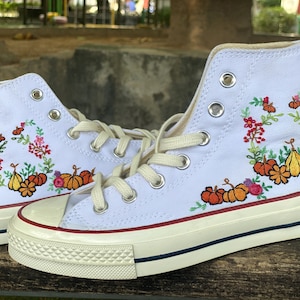 Pumpkin embroidered Converse high tops/ Converse Custom Flower and Pumpkin Embroidery/ Custom converse Chuck Taylor embroidered flowers