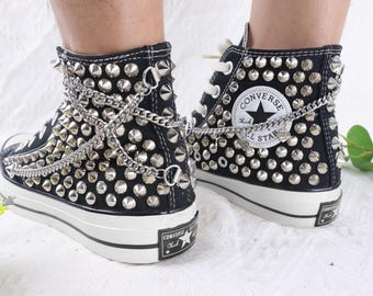 Studded Converse High Tops: Black Punk Rock Sneakers