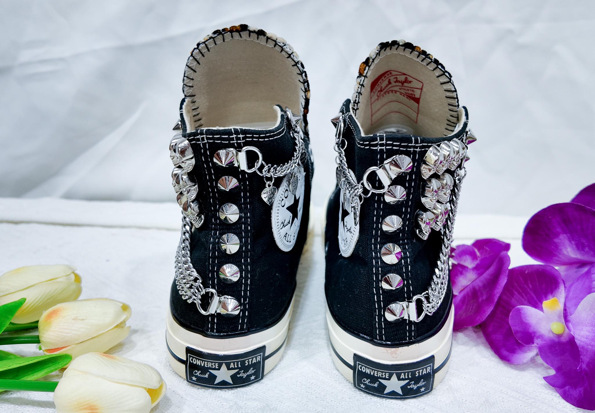 Leopard Print Studded Converse Chuck Taylor High Tops: Punk Rock