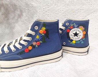 Hand Embroidered Converse High Tops: Custom Floral Sneakers, 3D Floral Embroidered Converse Wedding Shoes, Custom wedding shoes