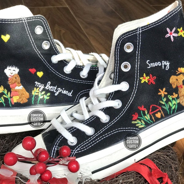 Embroidered Converse/ Snoopy embroidered converse shoes/ Converse Custom snoopy Embroidery/ Converse high tops with dog embroidery