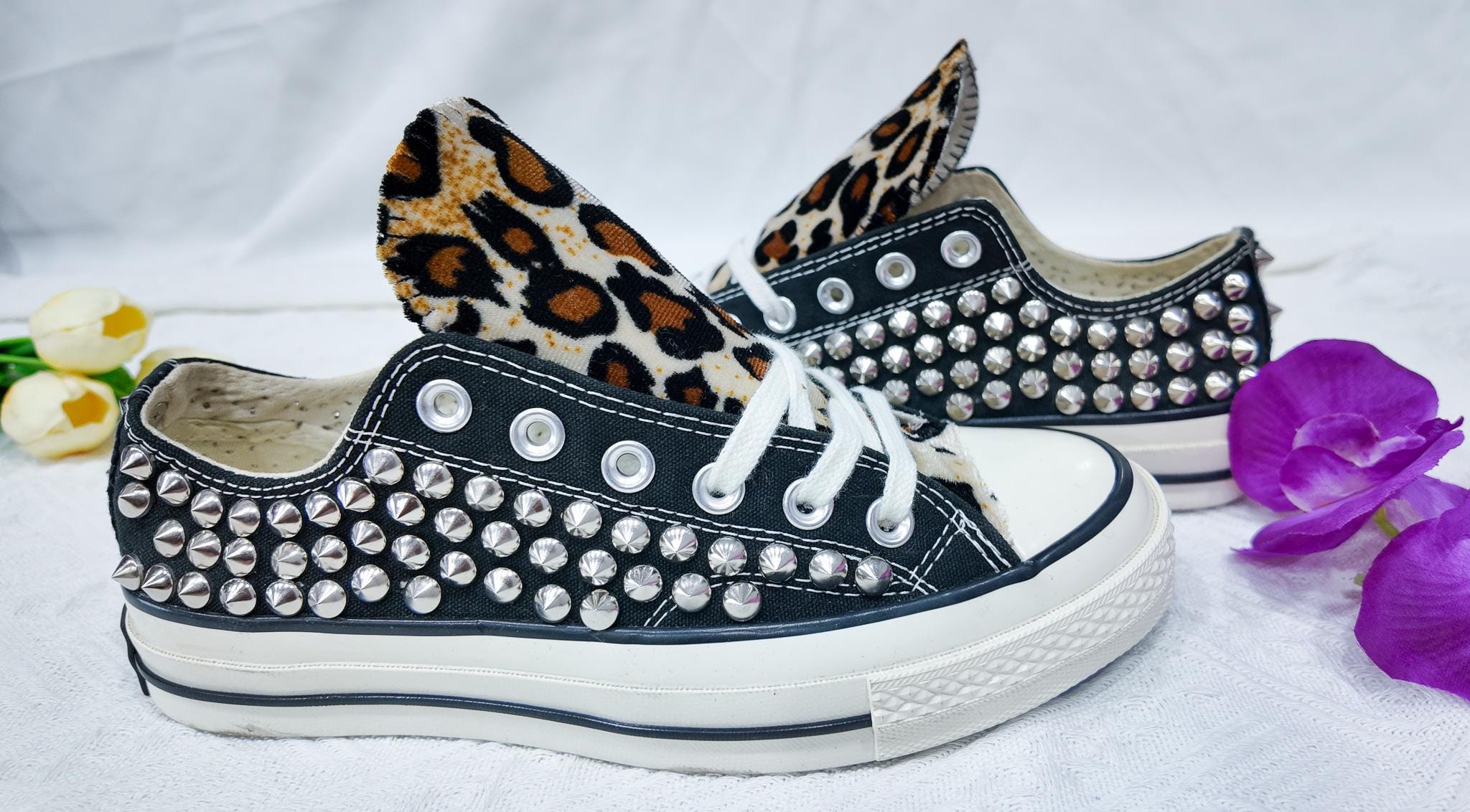 Leopard Print Spiked Converse: Custom Studded Low Top Shoes - Etsy