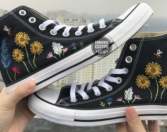 Hand Embroidered Flower Converse High Tops - Custom Bridal Shoes