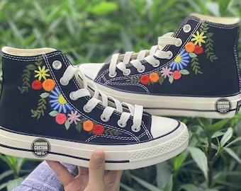 Hand Embroidered Converse High Tops: Custom Floral Sneakers
