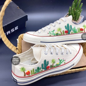 Hand Embroidered Converse Low-Top Shoes: Custom Cactus Design