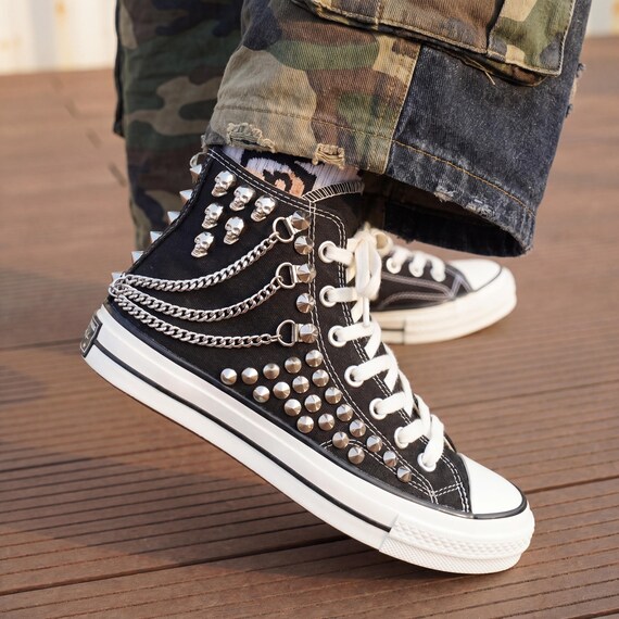 Custom Studded Black Skull Converse Chuck 70 High Tops, Handmade Punk Rock Streetwear Sneakers For Alternative Fashion Lovers