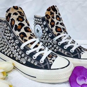 靴 Leopard Studs Leather High Cut Sneaker Handmade Studded Leopard Converse | High Top Custom Sneakers