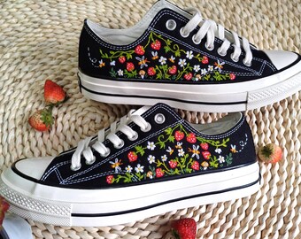 Hand Embroidered Converse Low Top Shoes: Strawberry Garden - Etsy