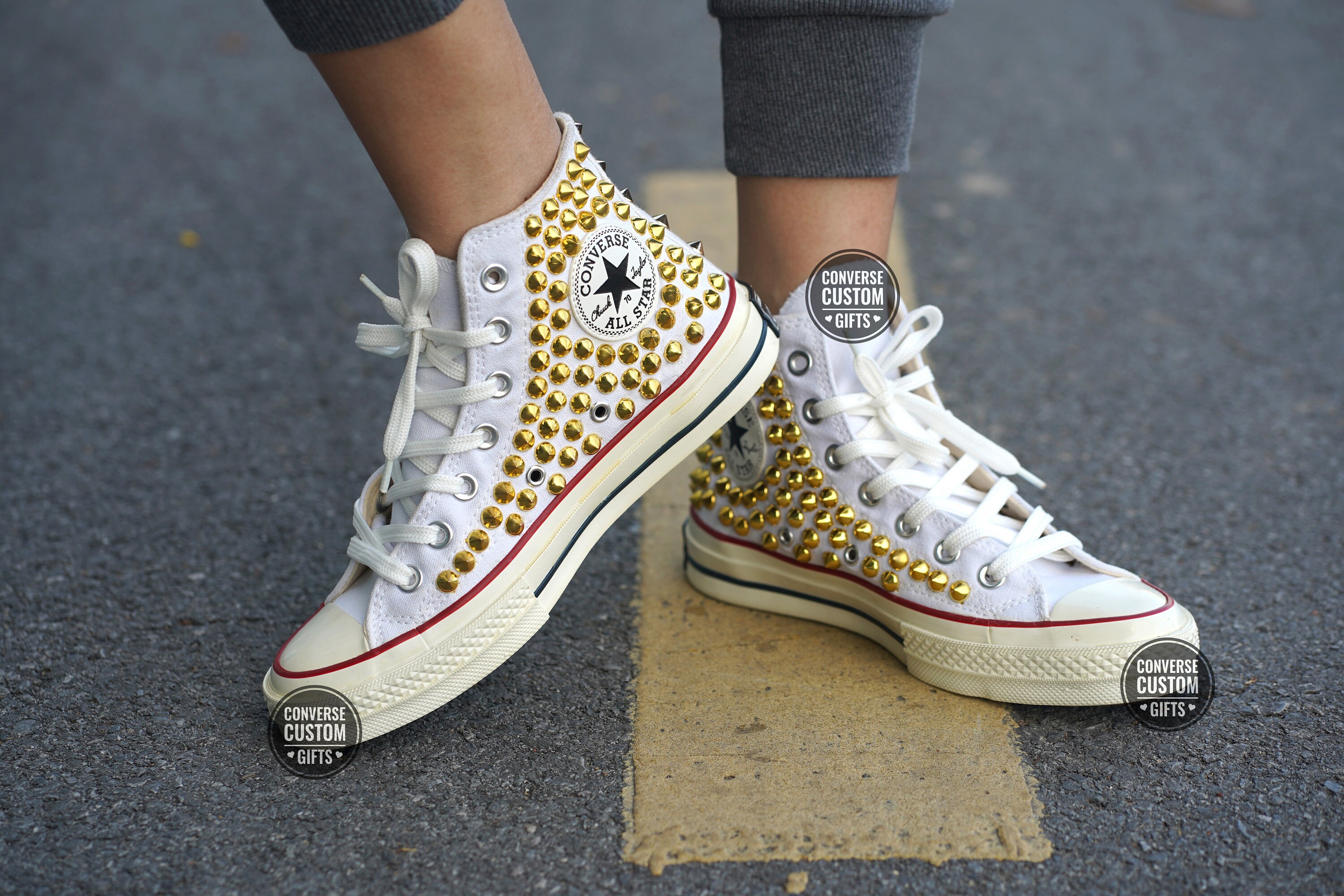 Studded White Converse High Tops: Custom Punk Rock Sneakers 
