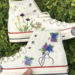 Custom embroidered converse shoes, Convesr Chuck Taylor Embroidered Personalized, girl and flower embroidery