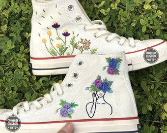 Custom embroidered converse shoes, Convesr Chuck Taylor Embroidered Personalized, girl and flower embroidery