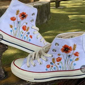 Custom converse Chuck Taylor embroidered flower and mountains logo, Custom converse Chuck Taylor embroidered flowers