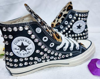 Punk Rock Leopard Print Converse High Tops With Studs - Etsy