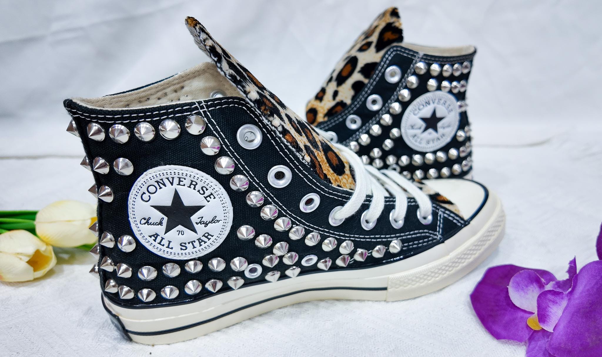 靴 Leopard Studs Leather High Cut Sneaker Handmade Studded Leopard Converse | High Top Custom Sneakers