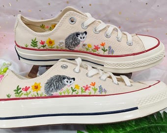 Hand Embroidered Converse Low Top Shoes: Opossum & Flowers