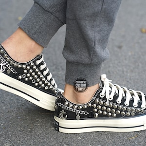 Black studded sneakers women's/ Sneakers with spikes and studs/ Studded converse shoes black low top