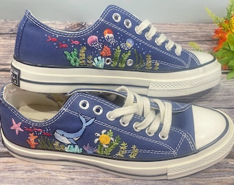 Hand Embroidered Converse Low Top Shoes: Ocean Whale Design