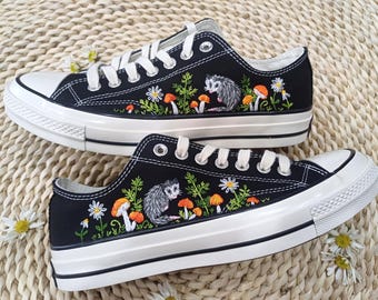 Hand Embroidered Converse Low Top Shoes: Opossum & Mushrooms/ Opossum Embroidered Converse Shoes/ Animal Symbol Embroidered Converse Shoes