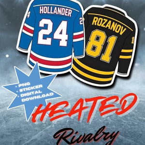 May include: Two hockey jersey stickers. One is blue with white and red stripes, the name "HOLLANDER" and the number "24". The other is black with yellow stripes, the name "ROZANOV" and the number "81". The text "HEATED Rivalry" is also present.