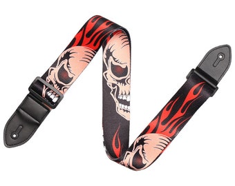 Guitar Strap Acoustic Electric Leather End with skull print  - 100% Polyester with Genuine leather