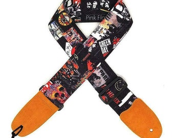 Rock Bands Cotton 2.3 Inches Wide Guitar Strap |100% Cotton with genuine leather