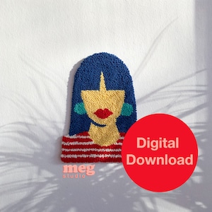 May include: A digital download pattern for a colorful needle punch portrait of a woman with blue hair, red lips, and yellow skin. The pattern is available for purchase from meg studio.