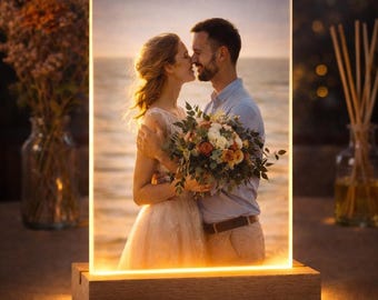 Lámpara fotográfica personalizada / Luz nocturna LED acrílica personalizada, base de madera.