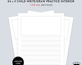 Children's 8.5 x 11 Write/Draw Practice Interior in 200 Page Count, Ready to Upload, Child Write/Draw Practice Interior for Commercial Use