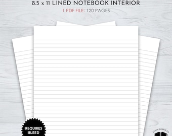 May include: A mockup of a lined notebook interior, showing two pages with lines. The text "8.5 x 11 LINED NOTEBOOK INTERIOR" and "1 PDF FILE: 120 PAGES" is at the top of the image. The text "REQUIRES BLEED" is in a red circle at the bottom left of the image. The text "READY TO PUBLISH" is at the bottom center of the image. The text "LENOU DESIGN CO" is at the bottom right of the image.