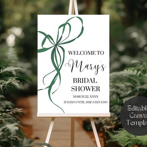 Dark Green Bow Themed Bridal Shower Sign, Customizable Canva Template, Welcome Sign for Bridal Shower, Ideal for Bridal Shower Decorations