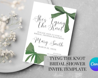 She’s Tying The Knot Bridal Shower Invitation Digital Template, Canva Invitation Template, Bridal Invite, Green Bow Bridal Shower Invitation