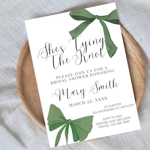 She’s Tying The Knot Bridal Shower Invitation Digital Template, Canva Invitation Template, Bridal Invite, Green Bow Bridal Shower Invitation