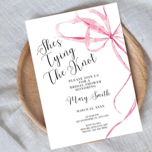 She’s Tying The Knot Bridal Shower Invitation Digital Template - Canva Invitation Template, Editable Bow Bridal Shower Invitation