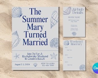 The Summer She Turned Married Invite & Itinerary, Beach Bachelorette Invite and Itinerary, Bachelorette Trip Canva Invite Template