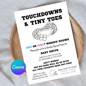 Modelo de convite digital para chá de bebê co-ed Touchdowns & Tiny Toes, chá de bebê com tema esportivo divertido, modelo com tema esportivo para chá de bebê